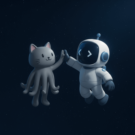 Aido high-five with octo-cat friend